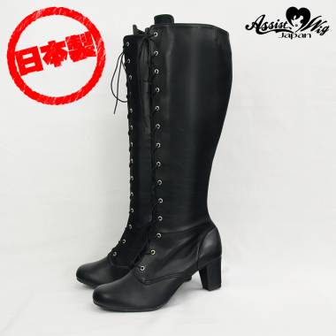 Queen size stretch lace up boots low heel 5.5 cm　Black