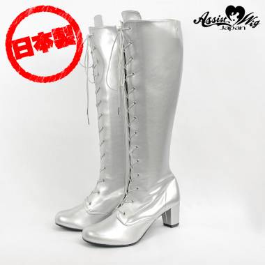 Queen size stretch lace up boots low heel 5.5 cm　Silver