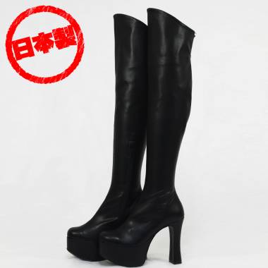 Thick bottom stretch knee high boots　Black
